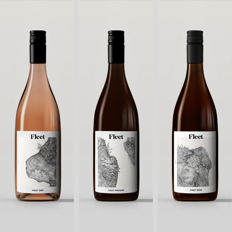 Three bottles of Fleet wine on a light gray background